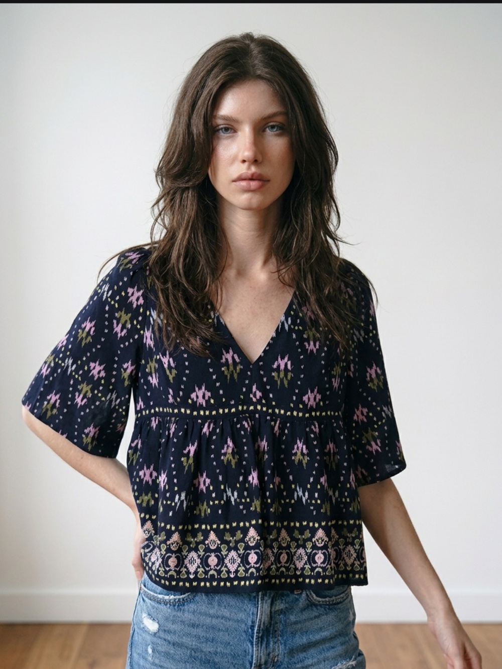 ba&sh Navy V-Neck Peplum Tunic with Pink and Olive Motif